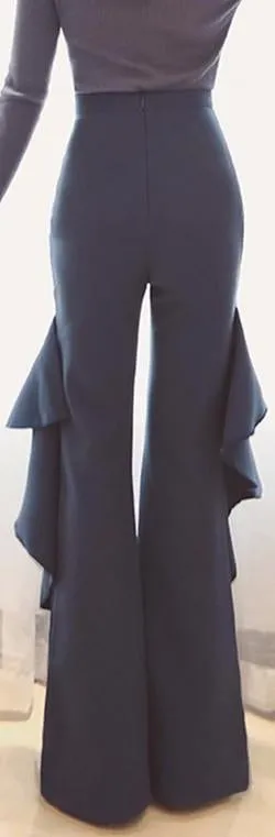 'Beata' Ruffle Flared High-Waist Trousers - Blue or Black
