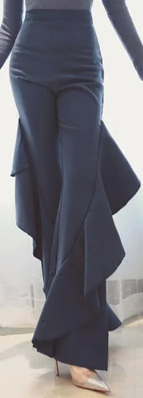 'Beata' Ruffle Flared High-Waist Trousers - Blue or Black
