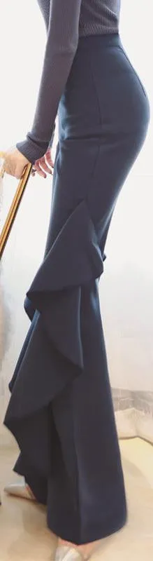 'Beata' Ruffle Flared High-Waist Trousers - Blue or Black