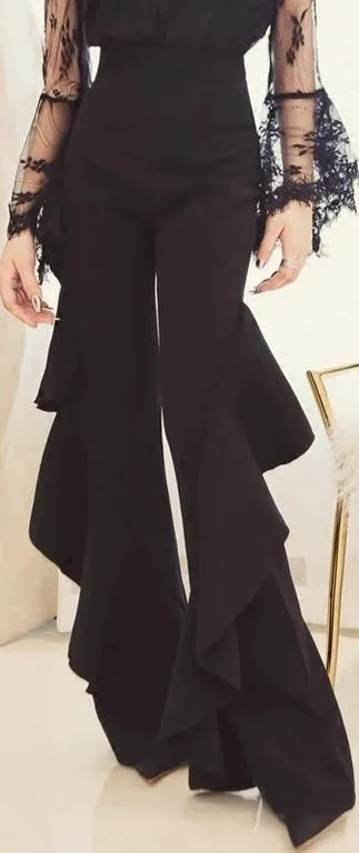 'Beata' Ruffle Flared High-Waist Trousers - Blue or Black