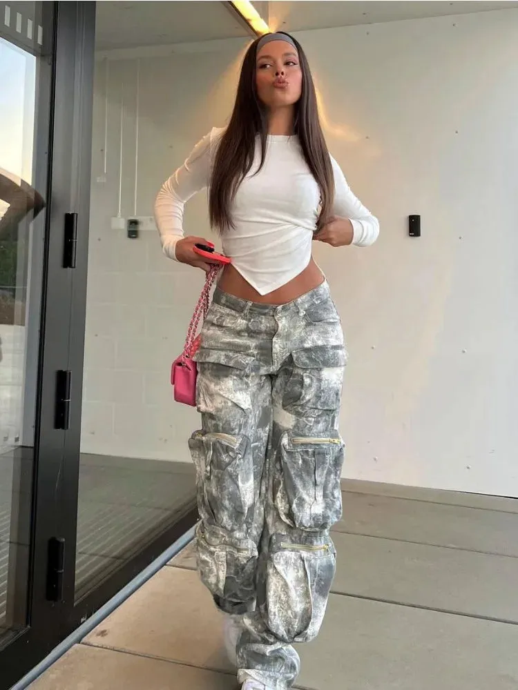 Camouflage Cargo Fashion Multiple Pockets Loose Long Street High Waist Jeans Pants