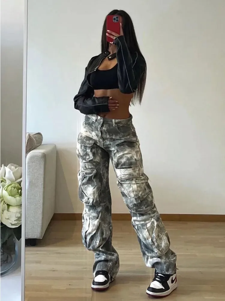Camouflage Cargo Fashion Multiple Pockets Loose Long Street High Waist Jeans Pants