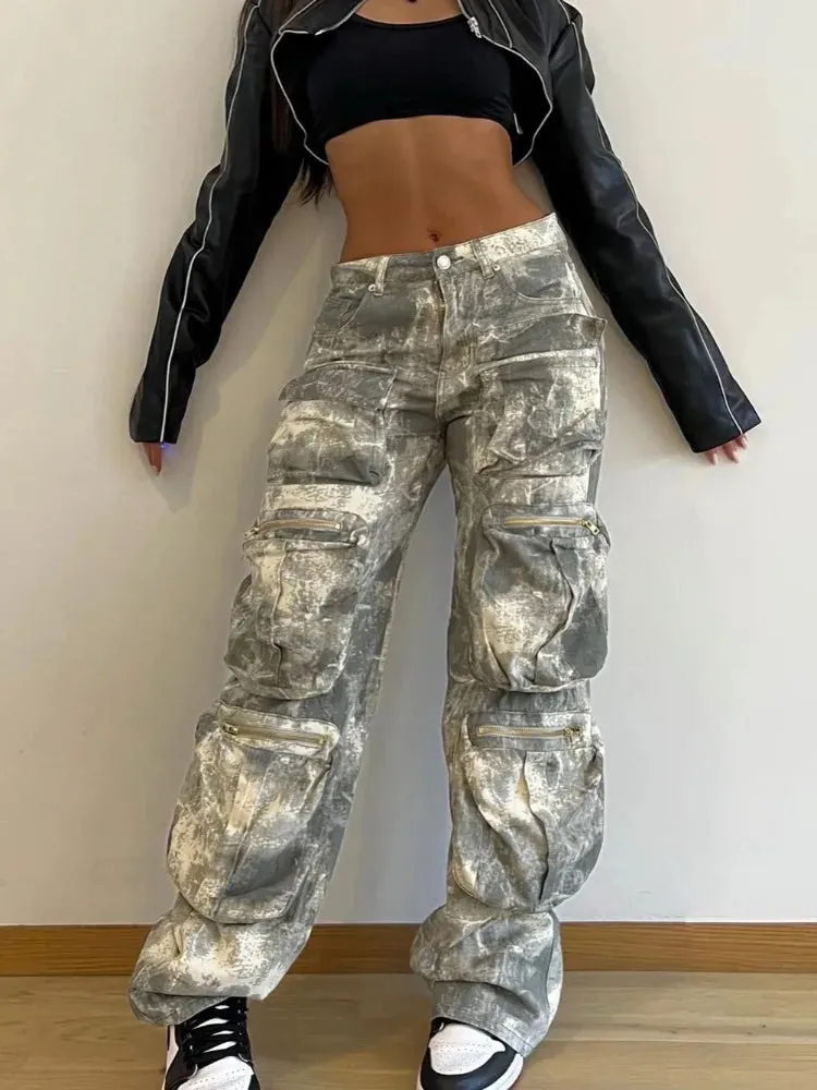 Camouflage Cargo Fashion Multiple Pockets Loose Long Street High Waist Jeans Pants