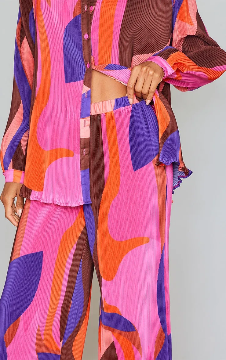 Print plisse high waisted wide leg trousers in pink