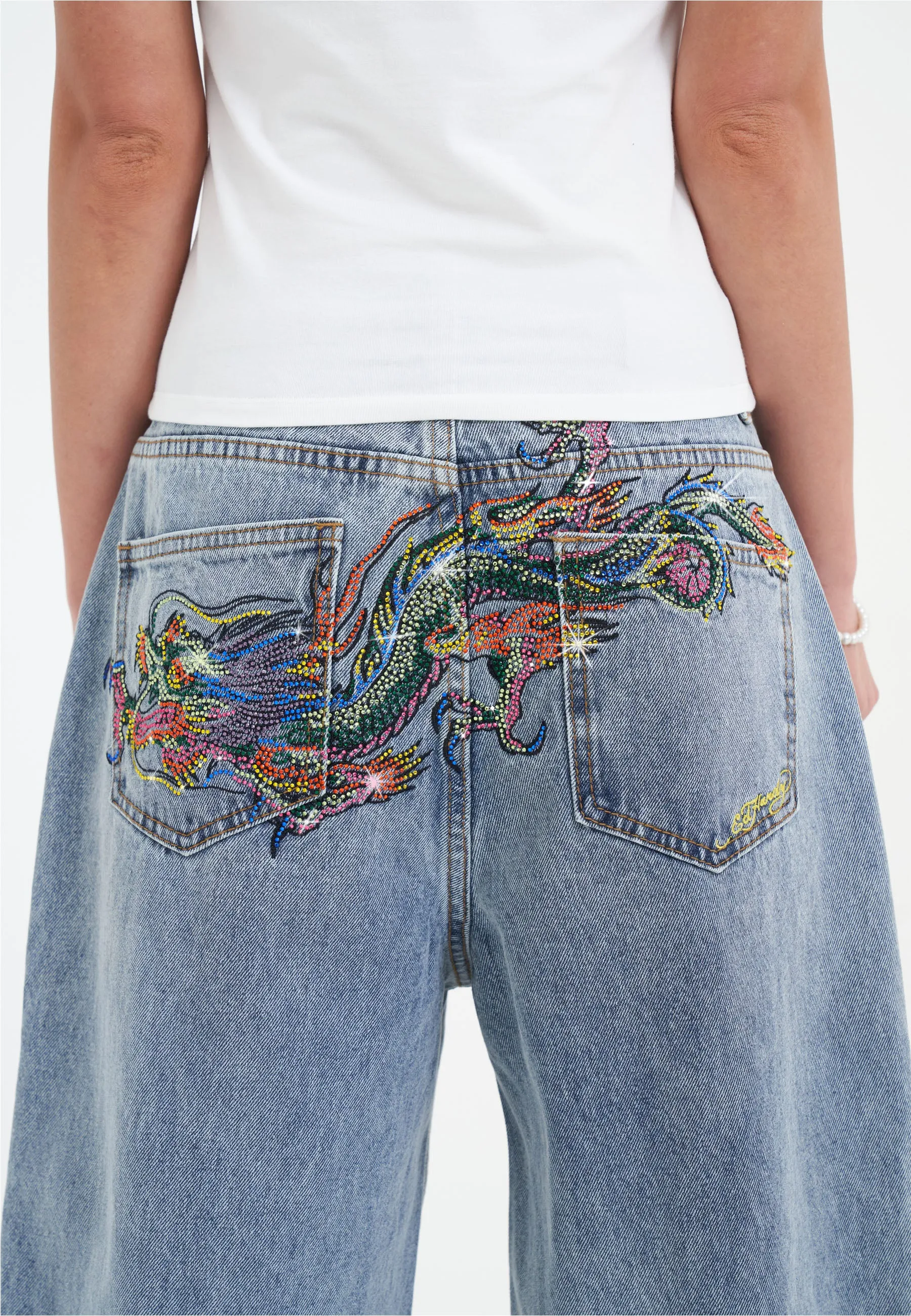 Womens Crystal Crawler Diamante Relaxed Denim Trousers Jeans - Bleach