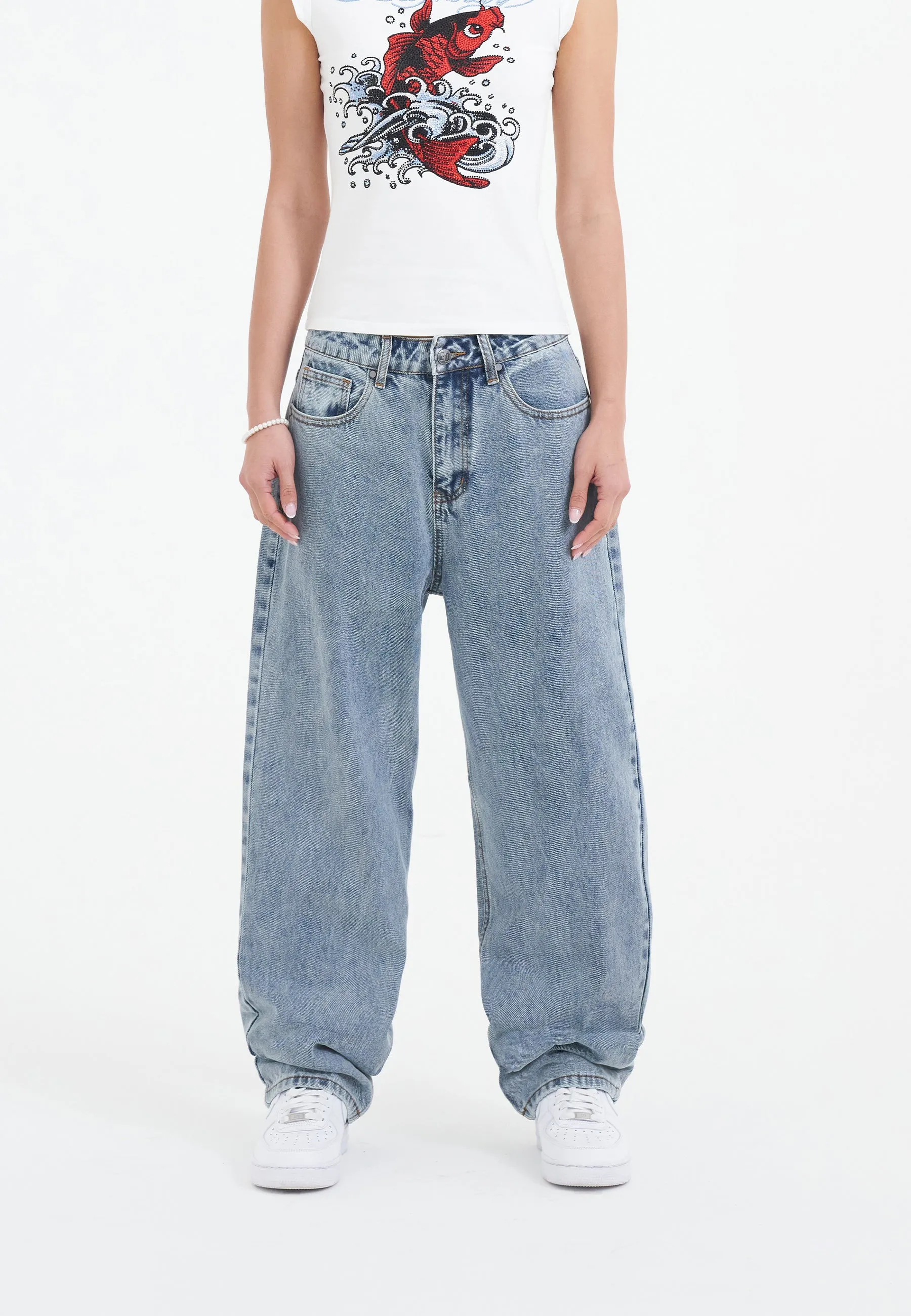 Womens Crystal Crawler Diamante Relaxed Denim Trousers Jeans - Bleach