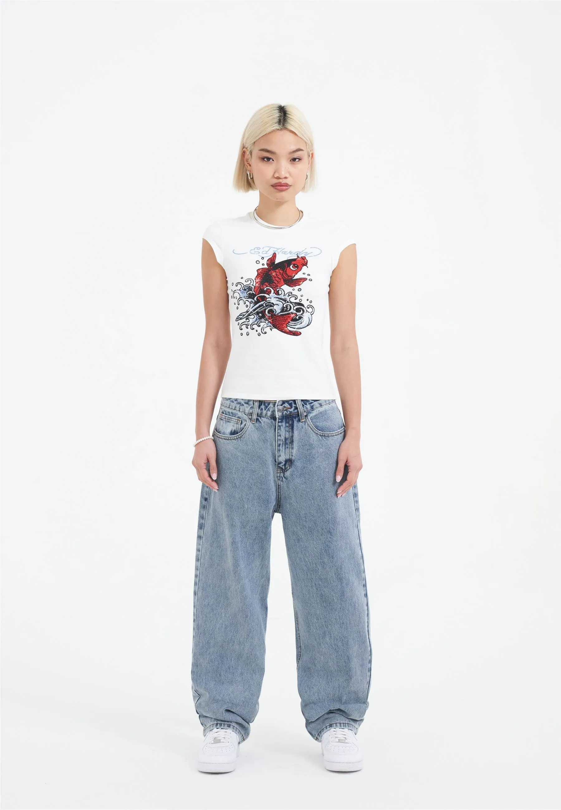 Womens Crystal Crawler Diamante Relaxed Denim Trousers Jeans - Bleach