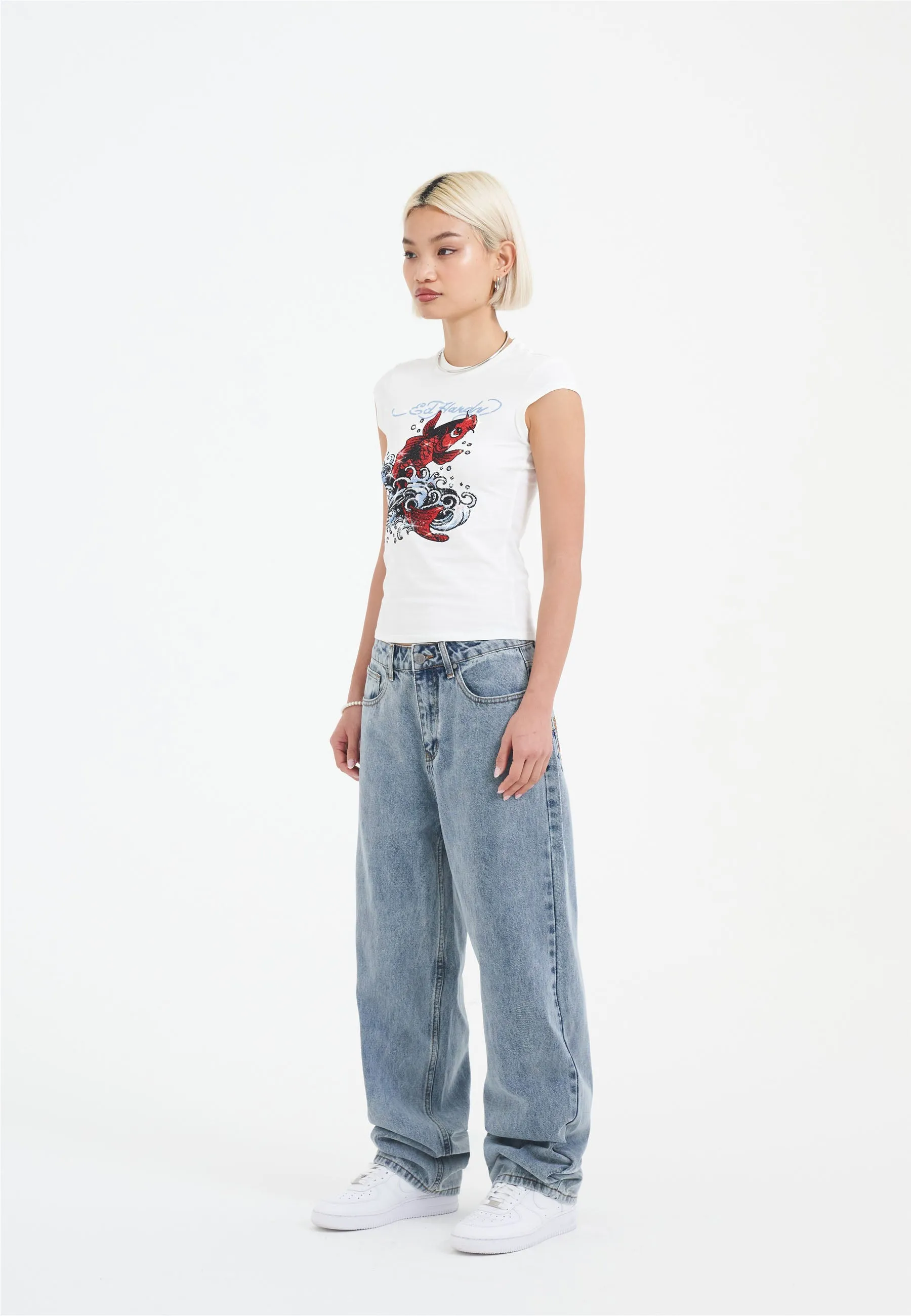 Womens Crystal Crawler Diamante Relaxed Denim Trousers Jeans - Bleach