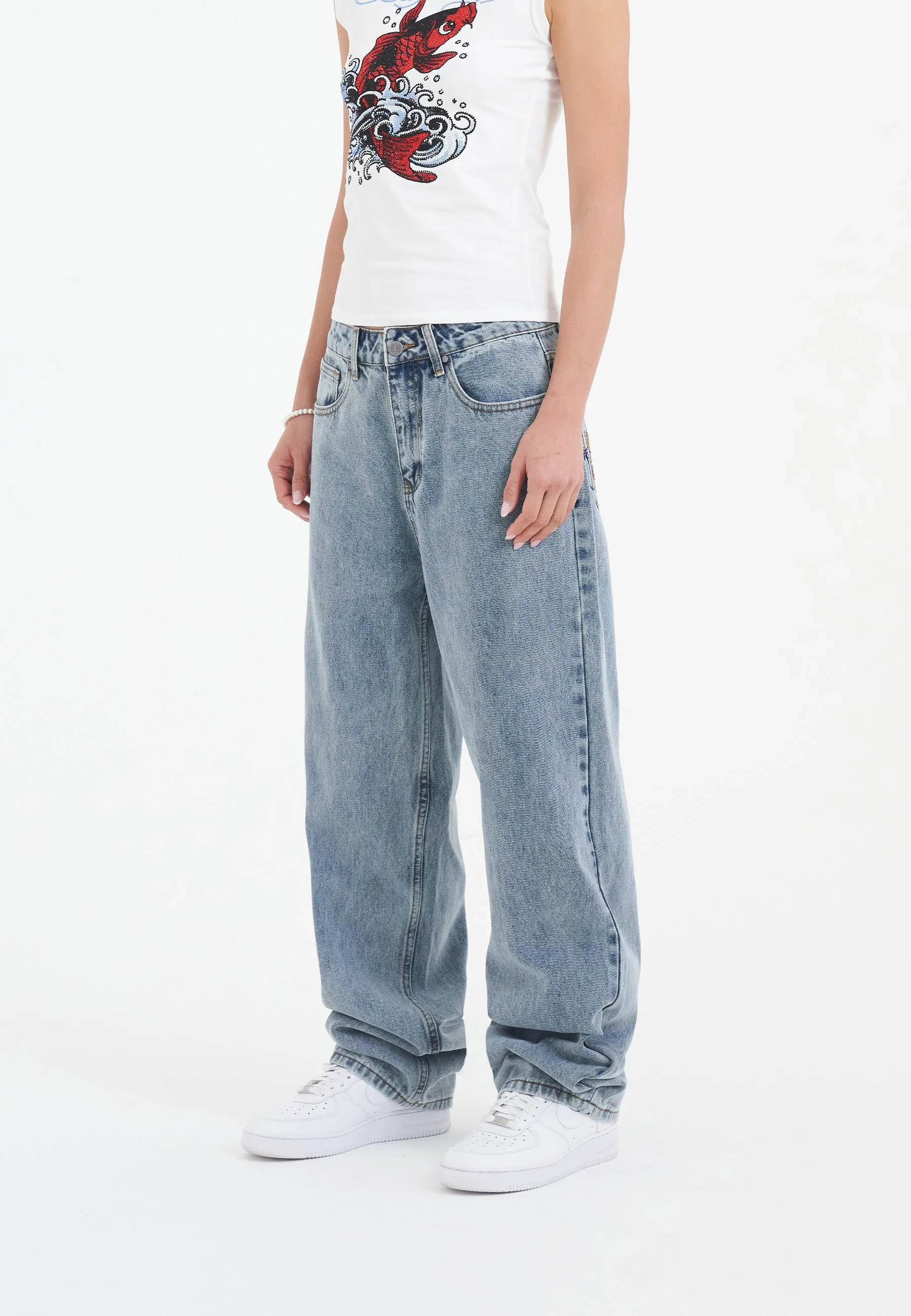 Womens Crystal Crawler Diamante Relaxed Denim Trousers Jeans - Bleach