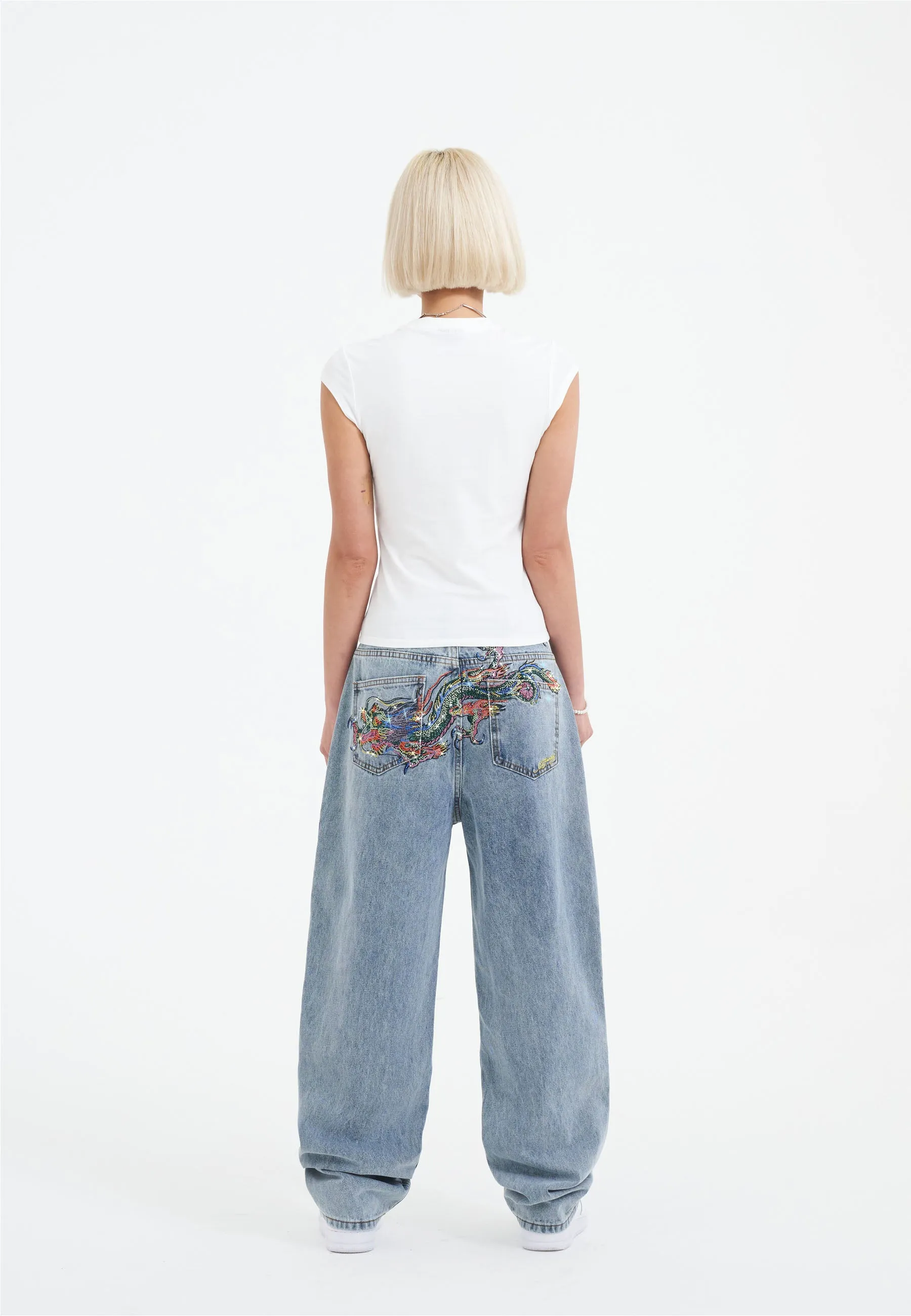 Womens Crystal Crawler Diamante Relaxed Denim Trousers Jeans - Bleach